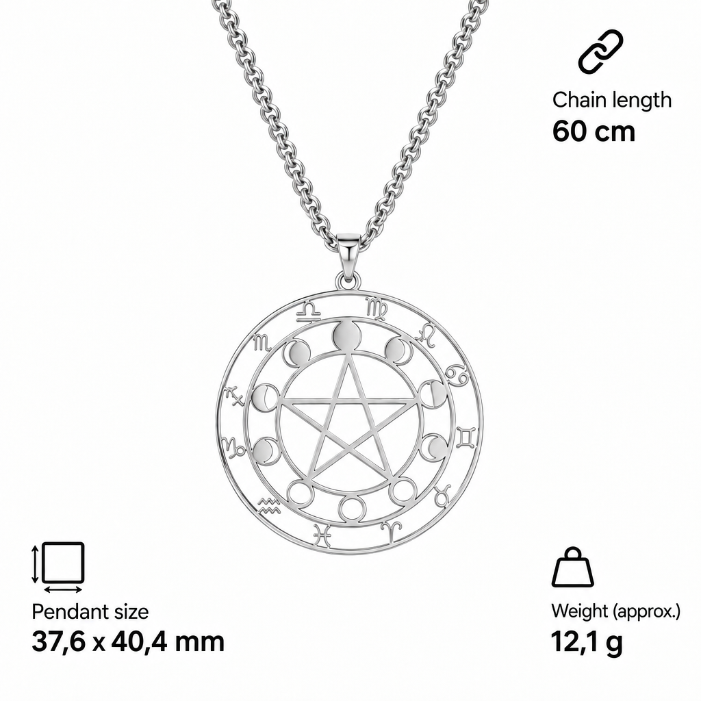 Specyfikacja srebrnego naszyjnika z pentagramem i zodiakiem – wisiorek 37,6 × 40,4 mm, łańcuszek 60 cm, waga ok. 12,1 g