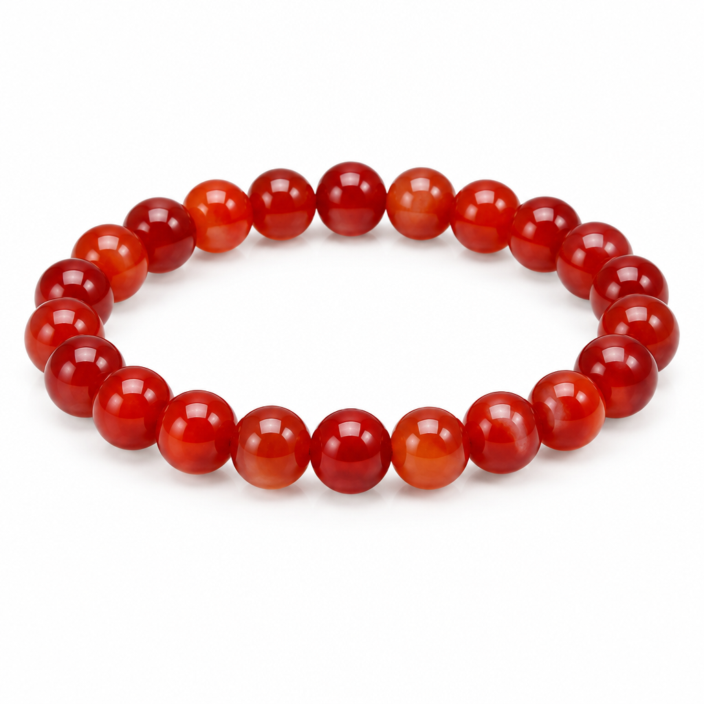 Bransoletka Red Agate z czerwono-pomaranczowymi koralikami, produkt na bialym tle