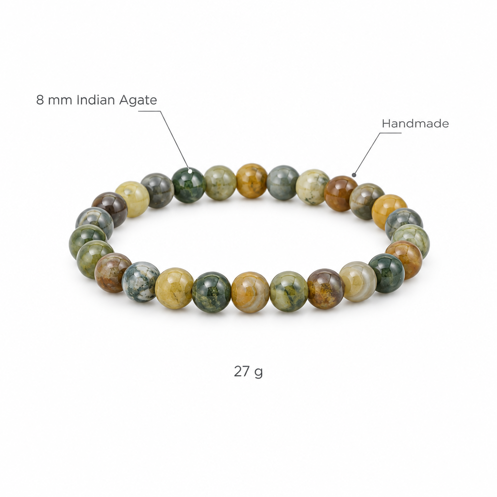 Bransoletka z indyjskiego agatu, specyfikacja na bialym tle, 8 mm Indian Agate, Handmade, 27 g