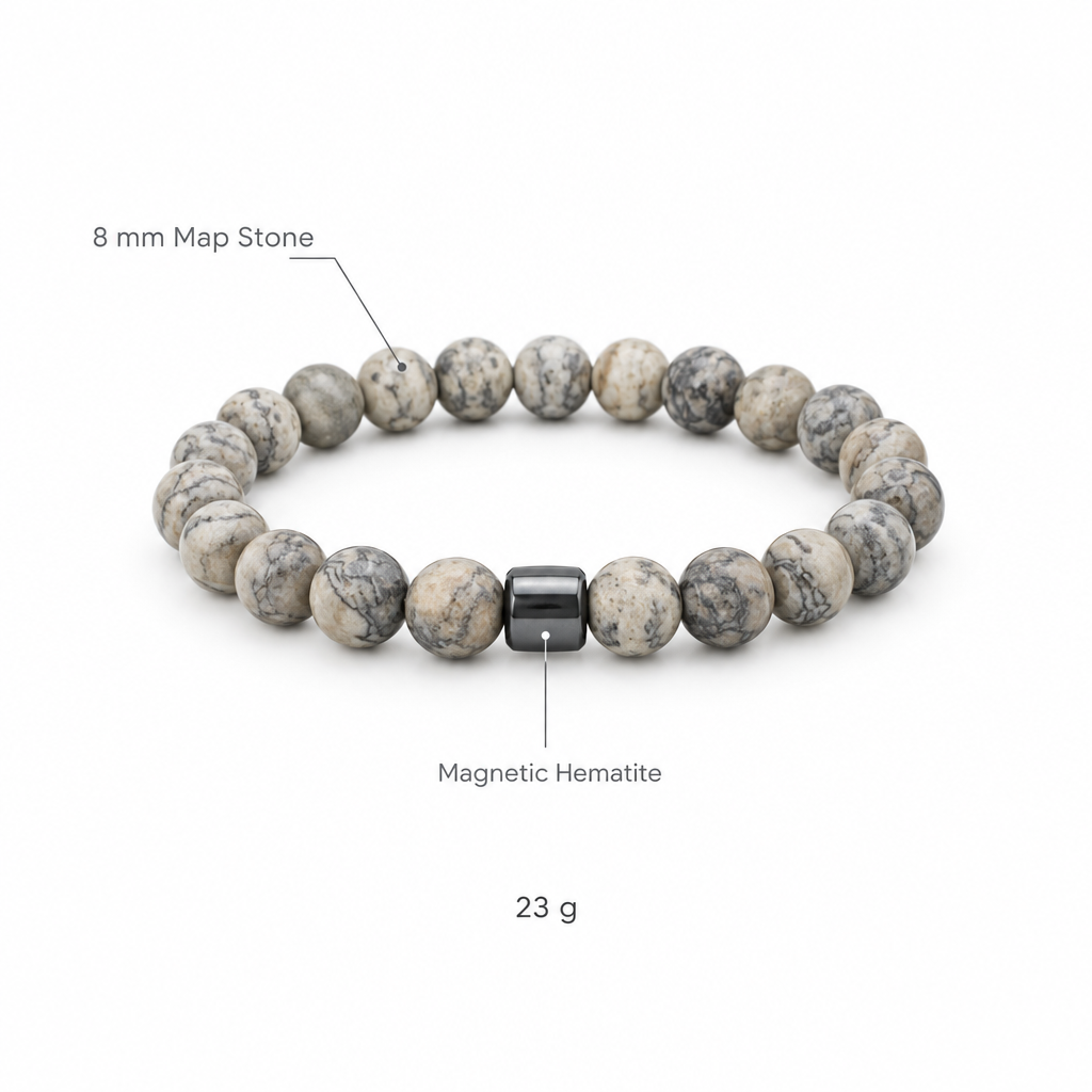 Bransoletka z kamienia mapowego, specyfikacja na bialym tle, 8 mm Map Stone, Magnetic Hematite, 23 g