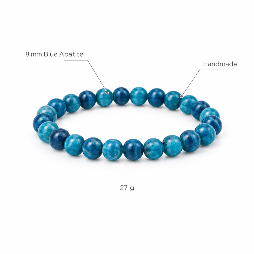 Bransoletka z niebieskiego apatytu, specyfikacja na bialym tle, 8 mm Blue Apatite, Handmade, 27 g