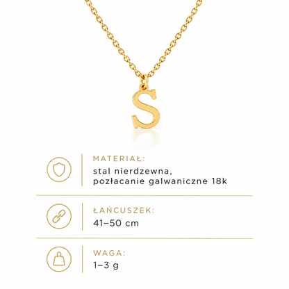 Specyfikacja złotego naszyjnika z literą S: łańcuszek 41–50 cm, waga 1–3 g