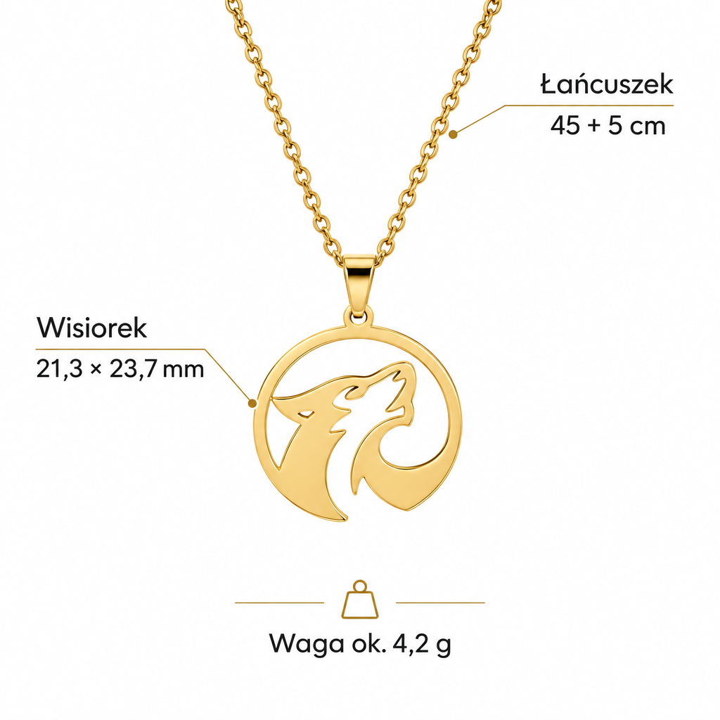 Specyfikacja złotego naszyjnika z wilkiem – wisiorek 21,3 × 23,7 mm, łańcuszek 45 + 5 cm, waga ok. 4,2 g
