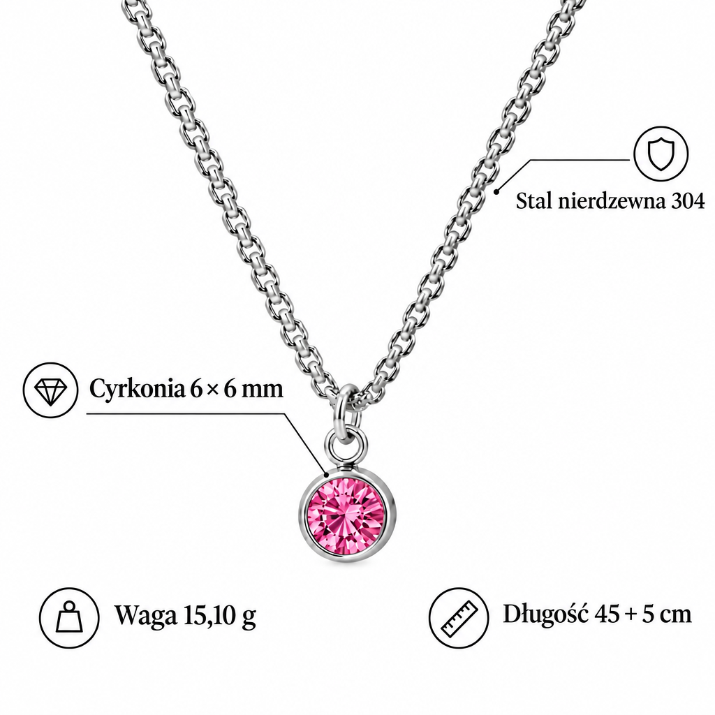 Specyfikacja naszyjnika ze stali nierdzewnej 304 z różową cyrkonią 6 × 6 mm, łańcuszkiem 45 + 5 cm i wagą 15,10 g