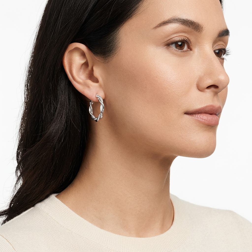 Kolczyki koła w srebrnym kolorze na modelce na białym tle