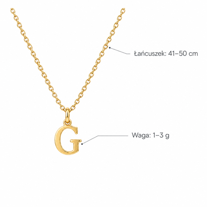 Złoty naszyjnik z literą G – specyfikacja: łańcuszek 41–50 cm, waga 1–3 g