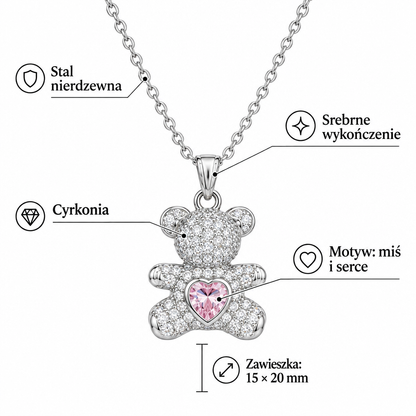 Specyfikacja srebrnego naszyjnika: stal nierdzewna, cyrkonia, motyw miś i serce, zawieszka 15 × 20 mm