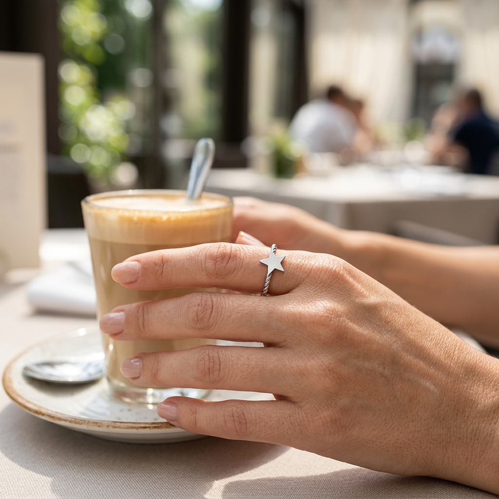 Jeden srebrny pierścionek z gwiazdą na dłoni przy kawie w restauracji