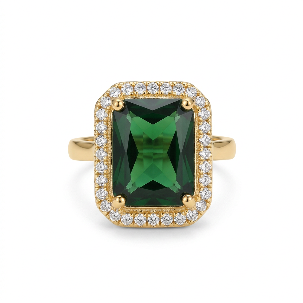 Pierścionek w złotym kolorze z prostokątnym zielonym kamieniem i jasną otoczką na białym tle